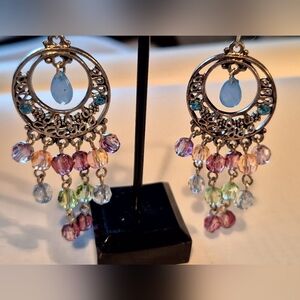 Blue and Pink Chandelier Earrings with Intricate Metalwork